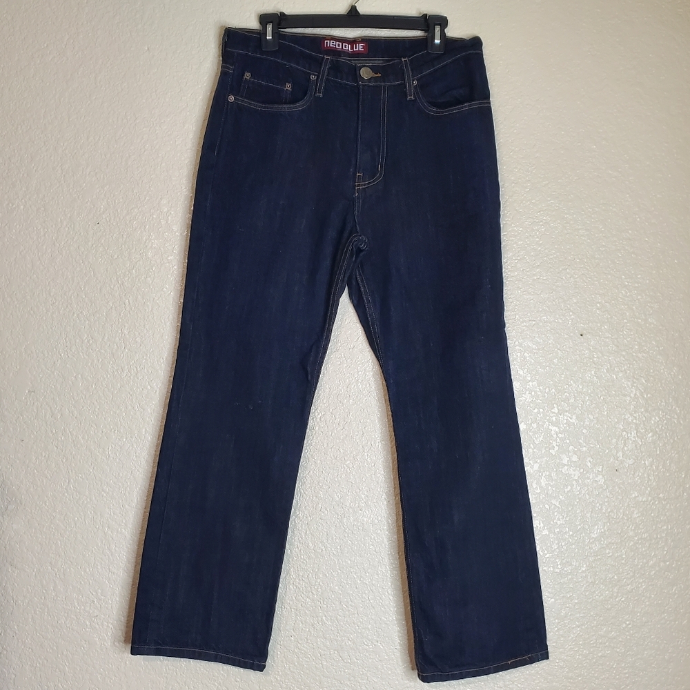 Men NEOBLUE Dark Wash Jeans Size 32X27 Contrasting Thread Detail Washed Not Worn